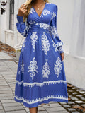 Printed Surplice Lantern Sleeve Midi Dress