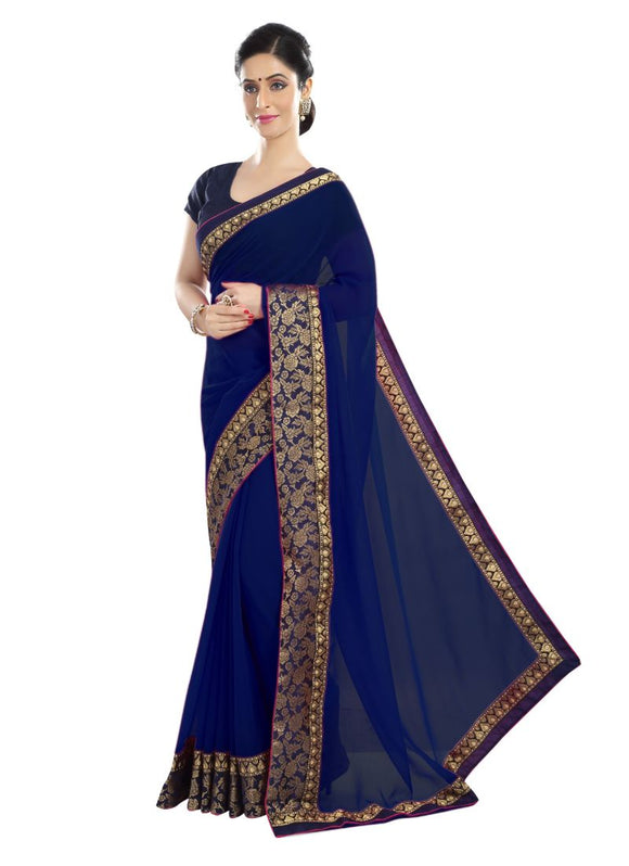 Generic Women's Chiffon Saree (Navy Blue, 5-6