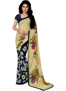 Printed Faux Georgette Blue Color Saree