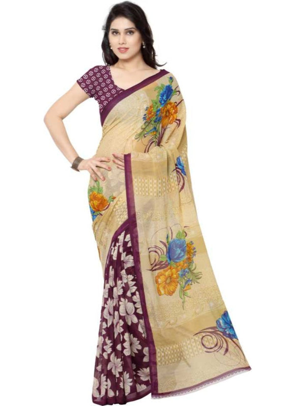 Printed Faux Georgette Wine Color Saree