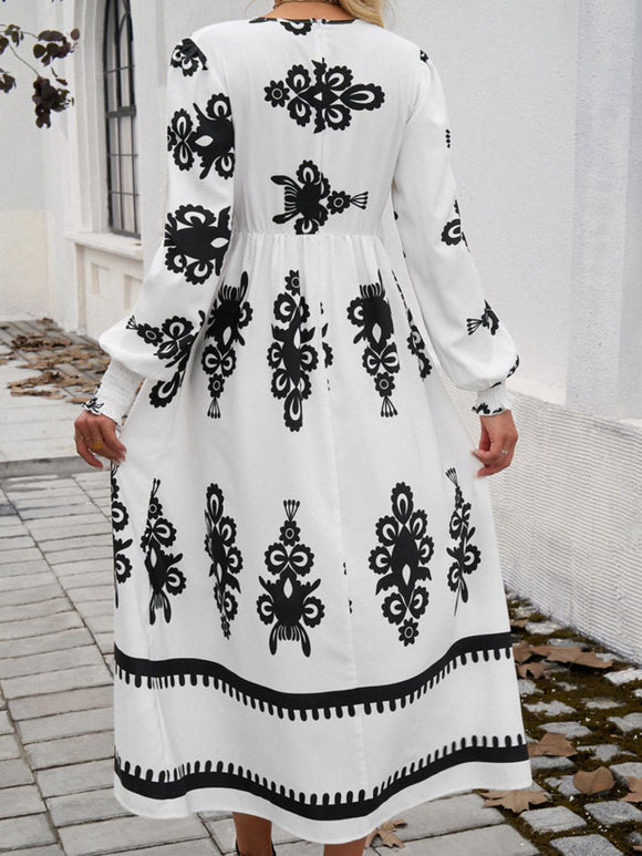 Printed Surplice Lantern Sleeve Midi Dress