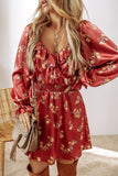 Red Clay Floral Print Shirred Waist Ruffled Trim V Neck Mini Dress