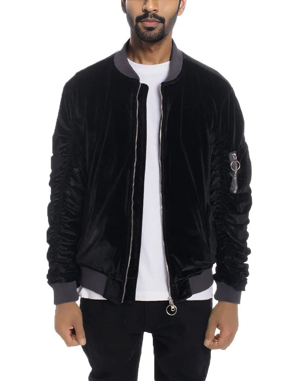 Velour Cinch Sleeve Bomber Jacket