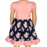 Girls Pink & Blue Floral Bouquet Short Sleeve ruffle Party Dress