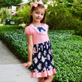 Girls Pink & Blue Floral Bouquet Short Sleeve ruffle Party Dress