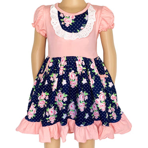 Girls Pink & Blue Floral Bouquet Short Sleeve ruffle Party Dress