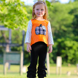 Girls Orange Pumpkin Top & Black Ruffle Pants Halloween Thanksgiving