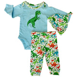 AnnLoren Baby Layette Boys Dinosaur Long Sleeve Onesie Pants Cap 3pc