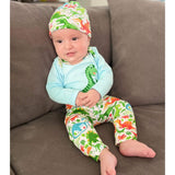 AnnLoren Baby Layette Boys Dinosaur Long Sleeve Onesie Pants Cap 3pc