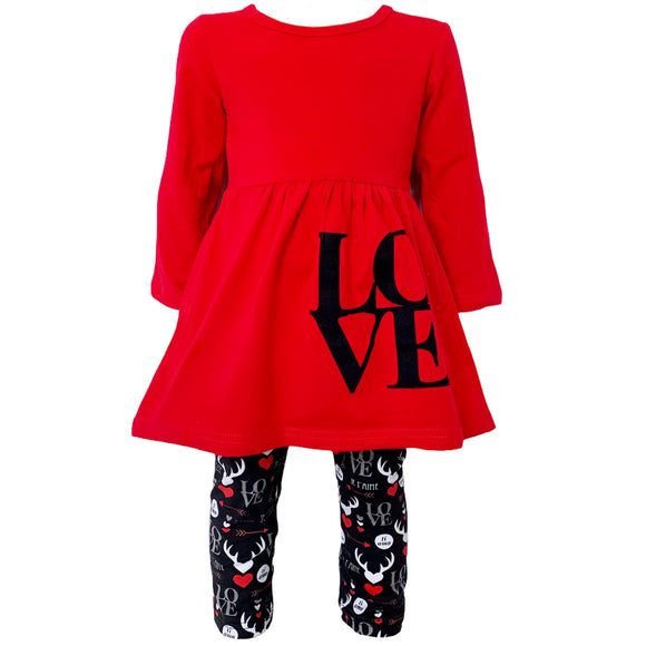 Girls Valentine's Day LOVE Red Long Sleeve Tunic Leggings & Scarf