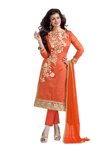 Women's Peach Chanderi Embroidered Dress Material