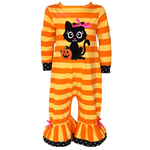 AnnLoren Baby Girls Halloween Sweet Black Cat Orange Cotton Romper