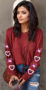 Heart Sequin Round Neck Long Sleeve T-Shirt