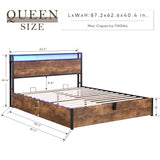 Lift-up Storage Bed Frame, Queen Size Bed Frame with Bookcase Headboard & LED Lights, Wooden Platform Bed Frame with Charging Station, No Spring Box Needed, Rustic Brown