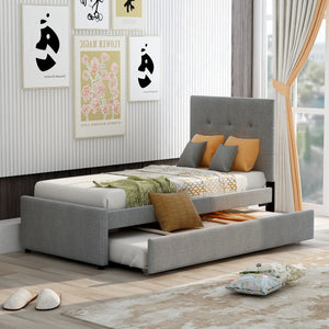 Linen Upholstered Platform Bed With Headboard and Trundle, Twin