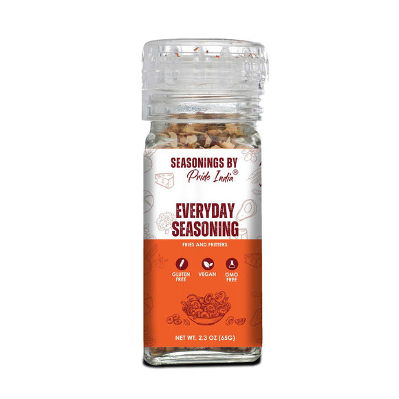 Pride of India Everyday Seasoning 2.3 oz (65 gm) w/ Convenient Grinder Cap Tangy Spicy All Purpose Mixes |Himalayan Pink Salt Garlic Exotic Spices | Vegan Gluten Free