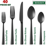 VeSteel 40-Piece Matte Black Silverware Set, Stainless Steel Flatware Set Service for 8, Metal Cutlery Eating Utensils Tableware Includes Forks/Spoons/Knives, Square Edge & Dishwasher Safe