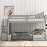 Twin-Over-Twin Floor Bunk Bed, Built-In Ladder with Storage, Stylish Gray Finish