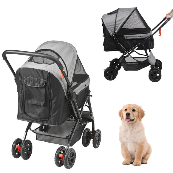 VEVOR Pet Stroller, 4 Wheels Dog Stroller Rotate with Brakes, 44lbs Weight Capacity, Puppy Stroller with Reversible Handlebar, Storage Basket and Zipper, for Dogs and Cats Travel, Black+Grey