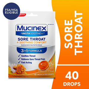 Mucinex Instasoothe Sore Throat Lozenges, FSA, Honey & Echinacea Flavor, 40 Medicated Throat Drops