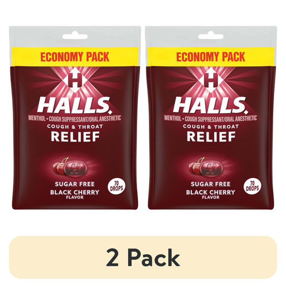 (2 pack) HALLS Relief Sugar Free Black Cherry Flavor Cough Drops, Economy Pack, 1 Bag (70 Drops)