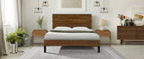 Mid-Century Modern Solid Wood Bed Frame King Size Platform Bed with Six-Piece Headboard Design, No Box Spring Needed, Brown