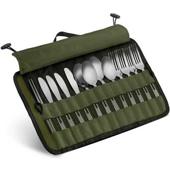 13 Piece Stainless Steel Family Cutlery Picnic Utensil Set with Travel Case for Camping | Hiking | BBQs - Includes Forks | Spoons | Knifes | Chopstick, Plus Nylon Commuter Case (Green)