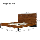 Mid-Century Modern Solid Wood Bed Frame King Size Platform Bed with Six-Piece Headboard Design, No Box Spring Needed, Brown