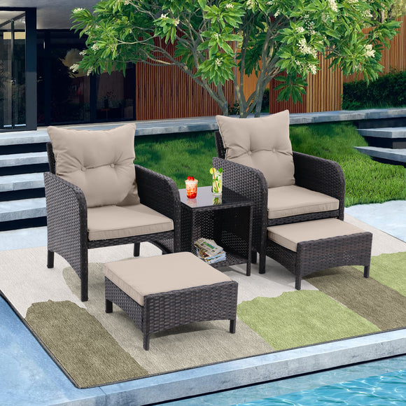 5 Piece Outdoor Patio Furniture Set,All Weather PE Rattan Conversation Chairs with Armrest and Removable Cushions,Ottomans and Storage Coffee Table for Poolside Garden Balcony Deck