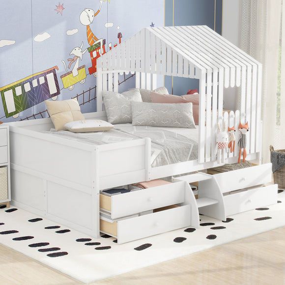 Full Size House Low Loft Bed with Four Drawers,White