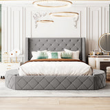 Upholstered Platform Bed Queen Size Storage Velvet Bed with Wingback Headboard and 1 Big Drawer,2 Side Storage Stool(Gray)