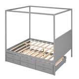 Queen Size Canopy Platform Bed with Twin Size Trundle and Three Storage Drawers,Gray