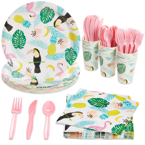 144-Piece Set of Tropical Paper Plates, Flamingo Napkins, Cups, Pink Cutlery for Hawaiian Luau Party Supplies, Summer Birthday Decorations, Disposable (Serves 24)