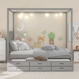 Queen Size Canopy Platform Bed with Twin Size Trundle and Three Storage Drawers,Gray