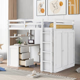 Full size Loft Bed with Drawers,Desk,and Wardrobe-White