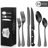 24 Piece Flatware Set for 4, TINANA Stainless Steel Flatware Set, Mirror Polished Cutlery Utensil Set, Durable Home Kitchen Eating Tableware Set, Fork Knife Spoon Set,Dishwasher Safe-Black