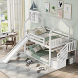 Twin-Over-Twin House Bunk Bed, Convertible Slide, Storage Staircase