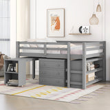 Low Study Full Loft Bed with Cabinet ,Shelves and Rolling Portable Desk ,Multiple Functions Bed- Gray