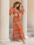 Printed Plunge Half Sleeve Top and Skirt Set