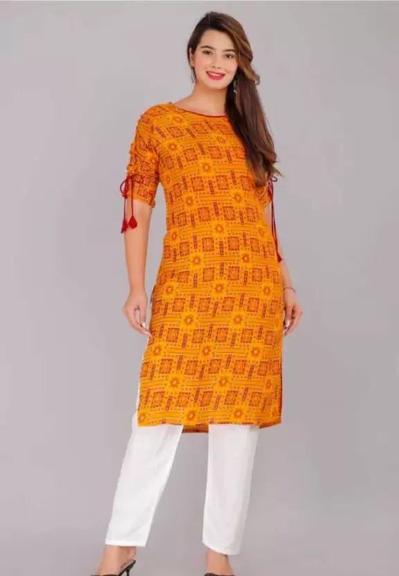 Women Printed Cotton Rayon Straight Kurta  (Orange)