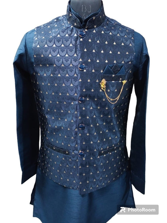 Blue Nehru Jacket With Kurta, Size - 38