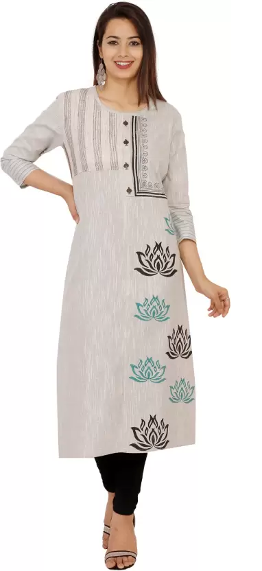 Women Embroidered Pure Cotton Straight Kurta  (Grey)