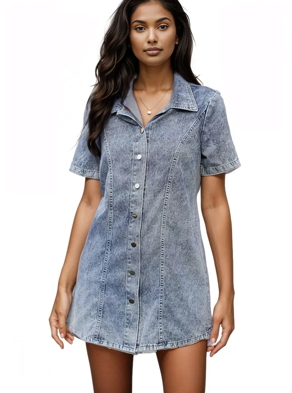 Button Up Short Sleeve Mini Denim Dress