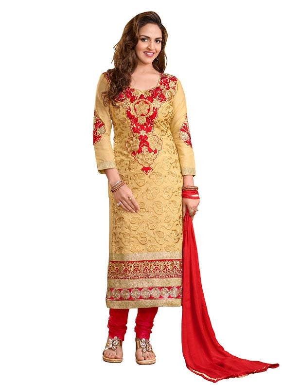 Beige cotton embroidered salwar suit dress