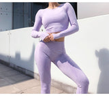 Seamless 2 Pcs Set Women Sport Suit Gym Workout Clothes Long Sleeve