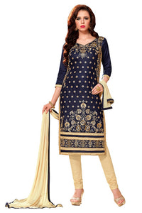 Navy Blue Glaze Cotton Embroidered Party Wear