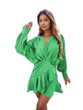 Surplice Ruffle Hem Lantern Sleeve Mini Dress