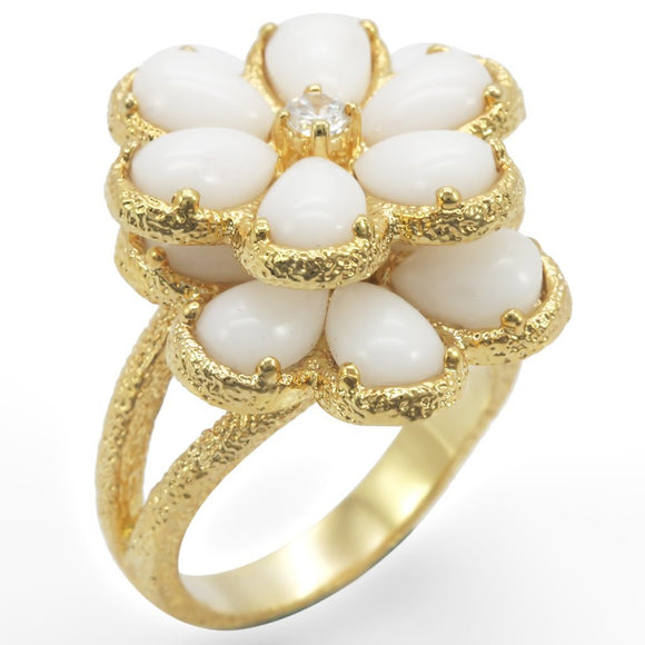 Gold Brass Ring with Synthetic Synthetic Glass in White