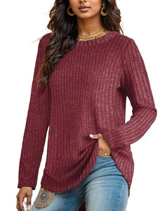 Ribbed Round Neck Long Sleeve Blouse