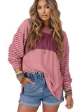 Round Neck Striped Long Sleeve Slit T-Shirt